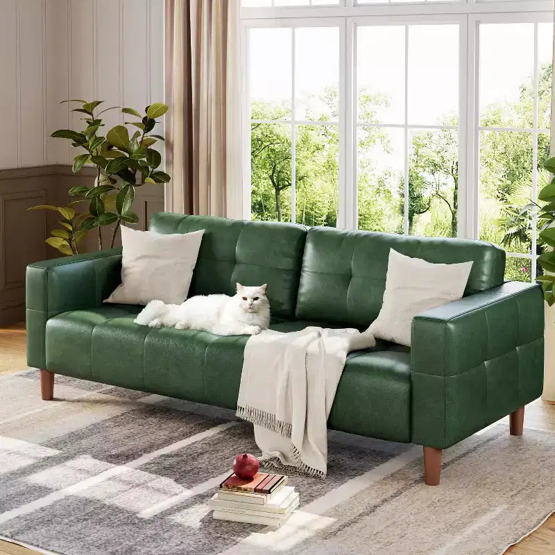 Canapé 3 places moderne en similicuir de 210 cm, canapé profond avec accoudoirs larges, coussins de dossier et 2 oreillers pour le salon et le bureau