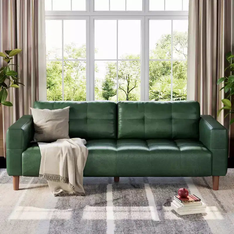Canapé 3 places moderne en similicuir de 210 cm, canapé profond avec accoudoirs larges, coussins de dossier et 2 oreillers pour le salon et le bureau