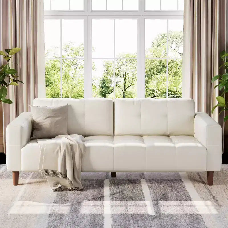 Canapé 3 places moderne en similicuir de 210 cm, canapé profond avec accoudoirs larges, coussins de dossier et 2 oreillers pour le salon et le bureau