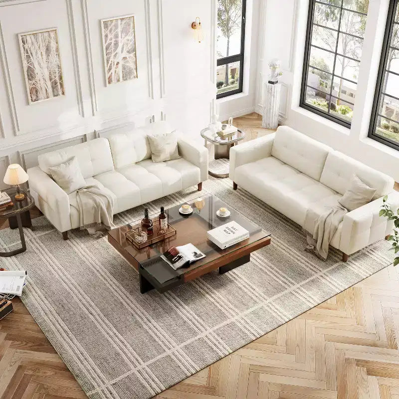 Canapé 3 places moderne en similicuir de 210 cm, canapé profond avec accoudoirs larges, coussins de dossier et 2 oreillers pour le salon et le bureau