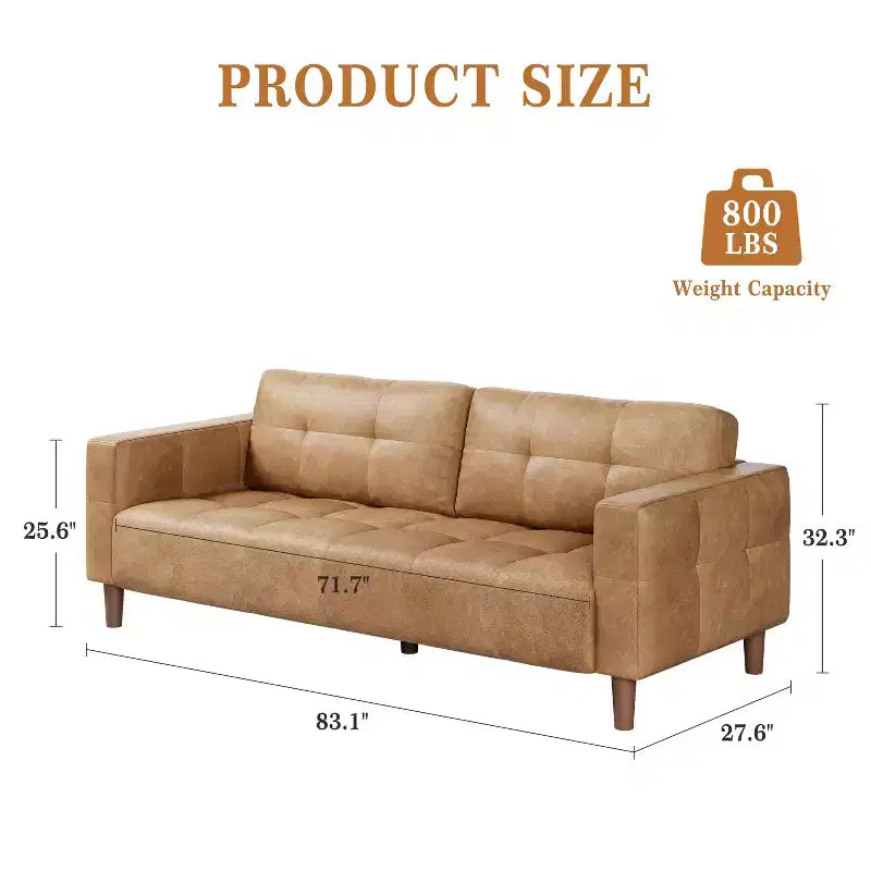 Canapé 3 places moderne en similicuir de 210 cm, canapé profond avec accoudoirs larges, coussins de dossier et 2 oreillers pour le salon et le bureau