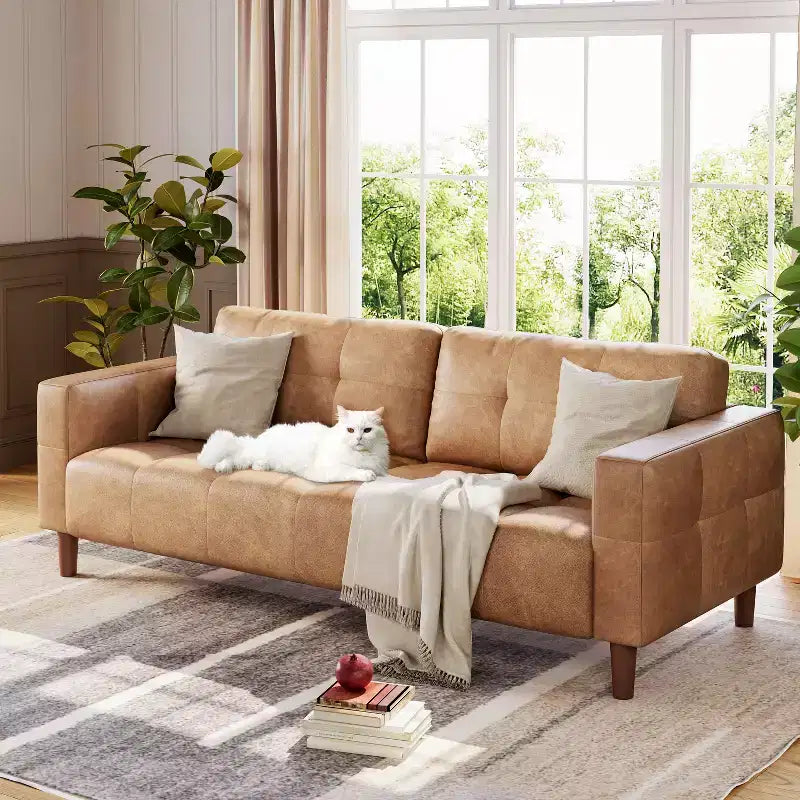 Canapé 3 places moderne en similicuir de 210 cm, canapé profond avec accoudoirs larges, coussins de dossier et 2 oreillers pour le salon et le bureau