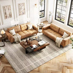 Canapé 3 places moderne en similicuir de 210 cm, canapé profond avec accoudoirs larges, coussins de dossier et 2 oreillers pour le salon et le bureau