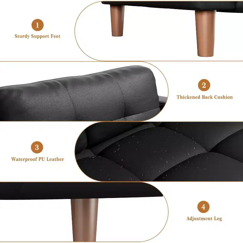 Canapé 3 places moderne en similicuir de 210 cm, canapé profond avec accoudoirs larges, coussins de dossier et 2 oreillers pour le salon et le bureau