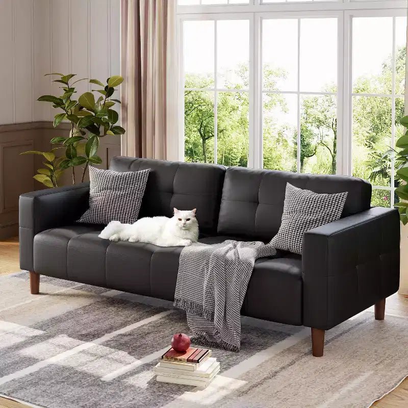 Canapé 3 places moderne en similicuir de 210 cm, canapé profond avec accoudoirs larges, coussins de dossier et 2 oreillers pour le salon et le bureau