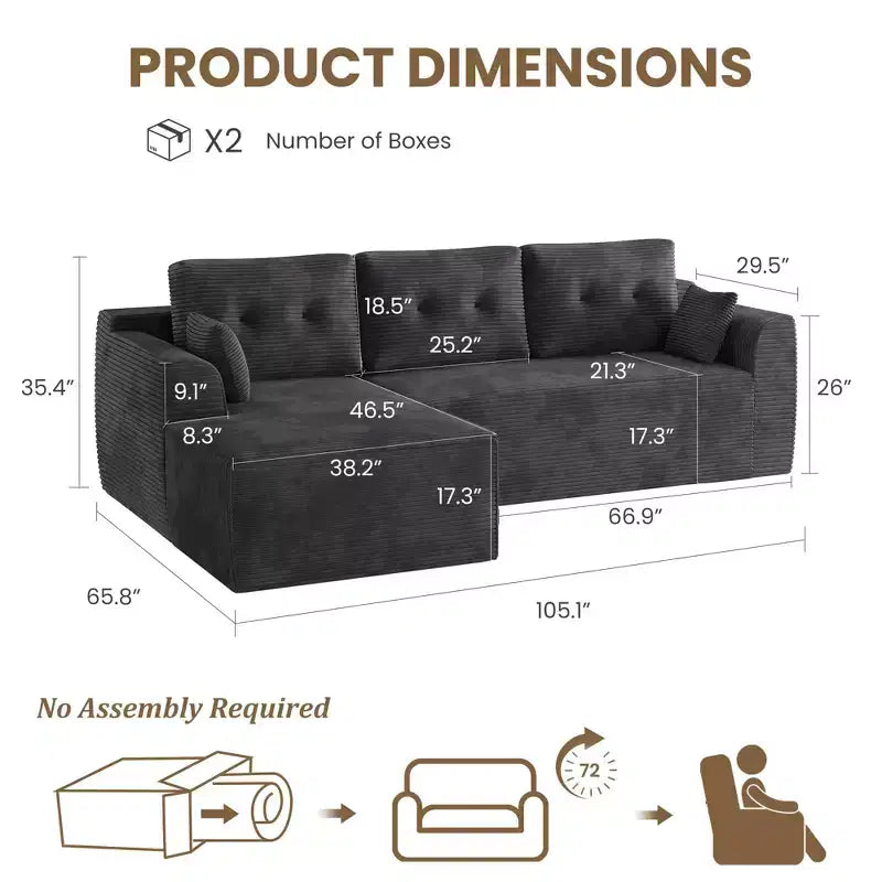 Canapé modulable de 266 cm pour salon, canapé modulaire avec assise profonde, canapé sans assemblage nécessaire avec méridienne en L