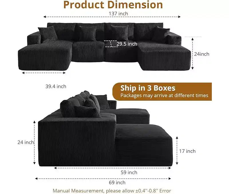 Oversized U-Shaped Modular Sectional Sofa, Modern Corduroy Upholstered Couch with Chaise, Comfy Cloud-Like Sleeper Sofa for Living Room, Black