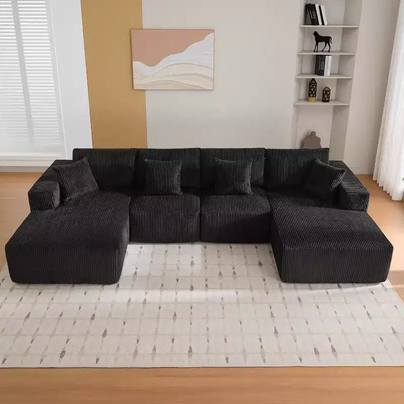 Oversized U-Shaped Modular Sectional Sofa, Modern Corduroy Upholstered Couch with Chaise, Comfy Cloud-Like Sleeper Sofa for Living Room, Black