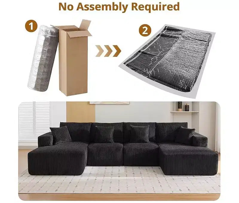 Oversized U-Shaped Modular Sectional Sofa, Modern Corduroy Upholstered Couch with Chaise, Comfy Cloud-Like Sleeper Sofa for Living Room, Black