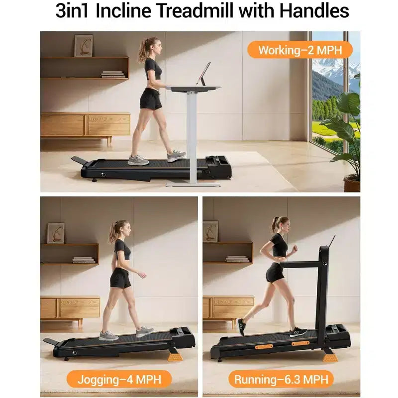 Tapis de course 3 en 1 avec inclinaison de 16 %, tapis de course pliable avec poignée, tapis de course portables pour la maison, petite taille, capacité de 100 kg