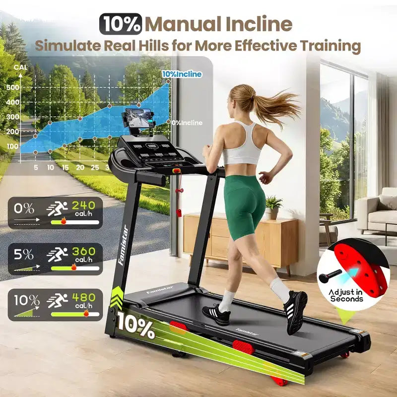 Tapis de course domestique avec moteur silencieux, vitesse de 1 à 11 km/h, inclinaison, capacité de 159 kg, écran LED et Bluetooth