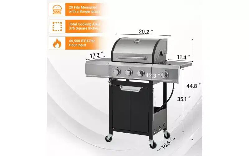 Barbecue au propane en acier inoxydable MASTGOAL 42 000 BTU avec brûleur latéral, grilles en fonte, pour terrasse et camping