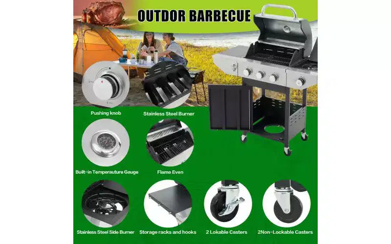 MASTGOAL Barbecue au propane 3 brûleurs 28 500 BTU Barbecue à gaz en acier inoxydable avec brûleur latéral et thermomètre pour barbecue extérieur, camping