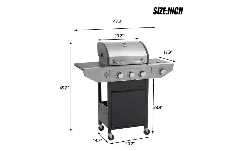 MASTGOAL Barbecue au propane 3 brûleurs 28 500 BTU Barbecue à gaz en acier inoxydable avec brûleur latéral et thermomètre pour barbecue extérieur, camping