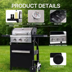 MASTGOAL Barbecue à gaz propane 3 brûleurs, 27 000 BTU, grande surface de cuisson, étagères latérales et armoire de rangement, barbecue portable d'extérieur pour terrasse