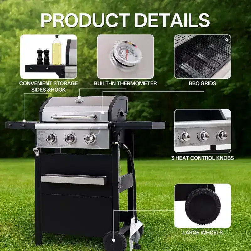 MASTGOAL Barbecue à gaz propane 3 brûleurs, 27 000 BTU, grande surface de cuisson, étagères latérales et armoire de rangement, barbecue portable d'extérieur pour terrasse