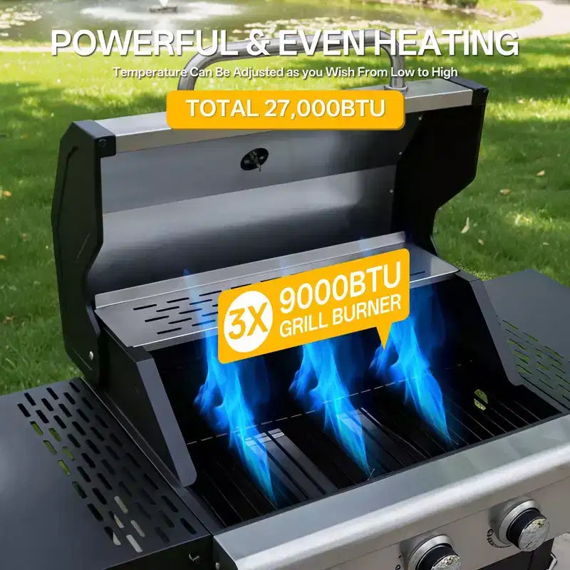 MASTGOAL Barbecue à gaz propane 3 brûleurs, 27 000 BTU, grande surface de cuisson, étagères latérales et armoire de rangement, barbecue portable d'extérieur pour terrasse