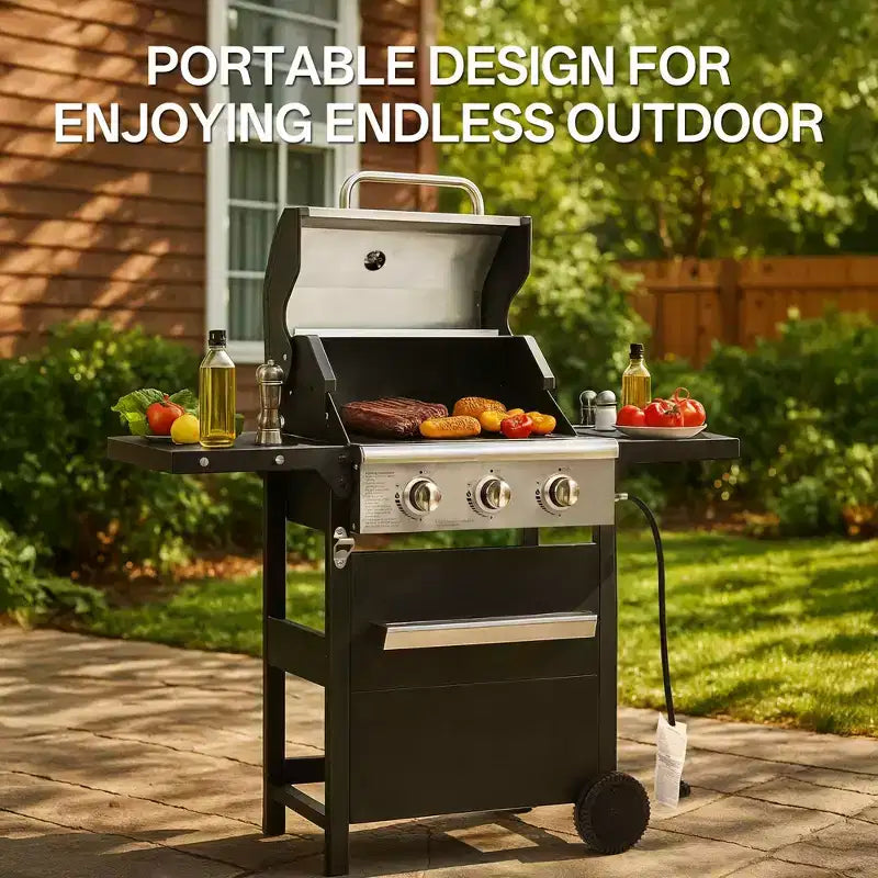 MASTGOAL Barbecue à gaz propane 3 brûleurs, 27 000 BTU, grande surface de cuisson, étagères latérales et armoire de rangement, barbecue portable d'extérieur pour terrasse
