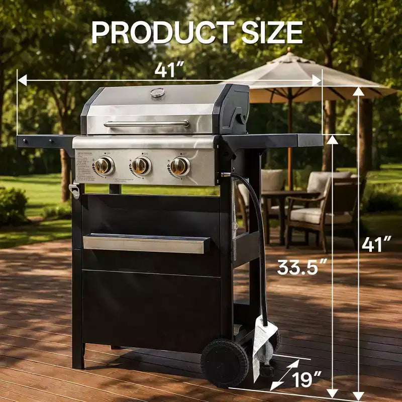 MASTGOAL Barbecue à gaz propane 3 brûleurs, 27 000 BTU, grande surface de cuisson, étagères latérales et armoire de rangement, barbecue portable d'extérieur pour terrasse