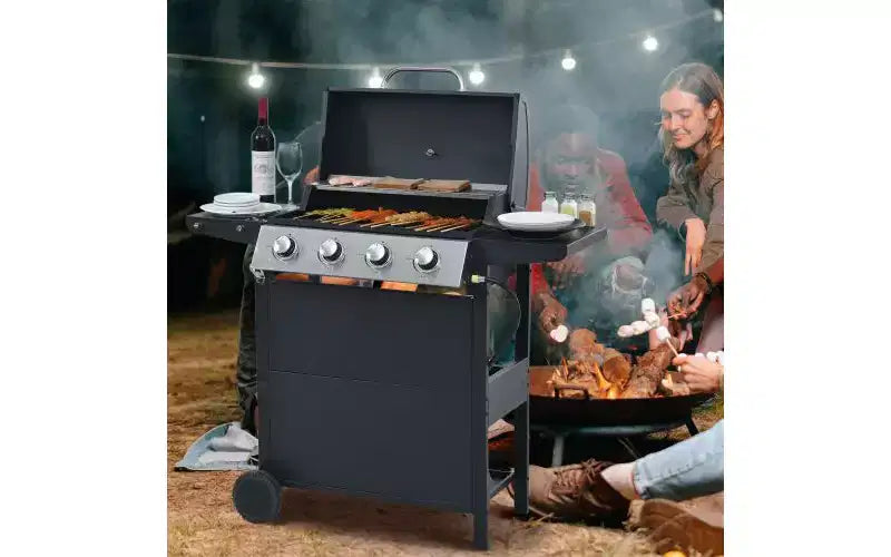 Barbecue à gaz MASTGOAL 4 brûleurs, barbecue de jardin en acier inoxydable 34 000 BTU avec deux tablettes pliables