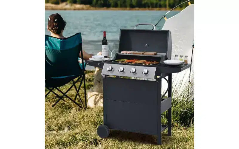 Barbecue à gaz MASTGOAL 4 brûleurs, barbecue de jardin en acier inoxydable 34 000 BTU avec deux tablettes pliables