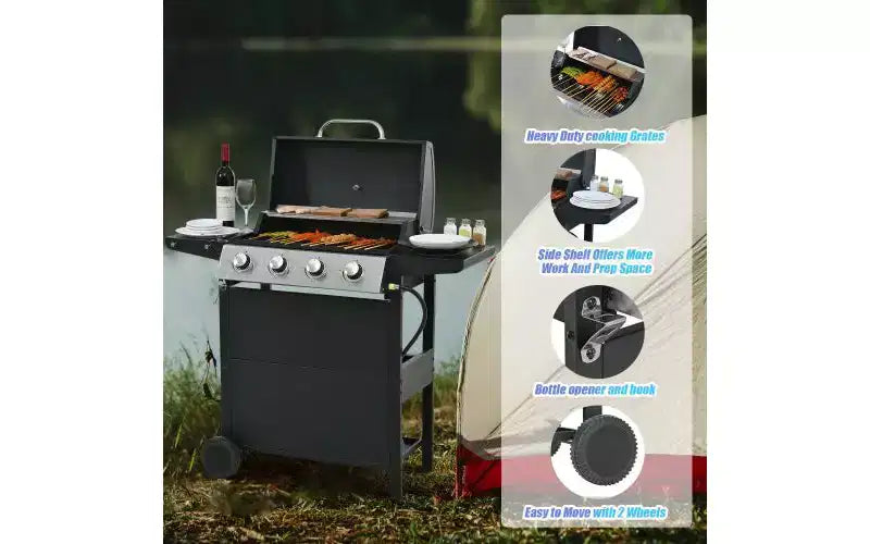 Barbecue à gaz MASTGOAL 4 brûleurs, barbecue de jardin en acier inoxydable 34 000 BTU avec deux tablettes pliables