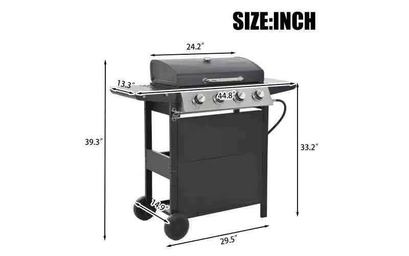 Barbecue à gaz MASTGOAL 4 brûleurs, barbecue de jardin en acier inoxydable 34 000 BTU avec deux tablettes pliables