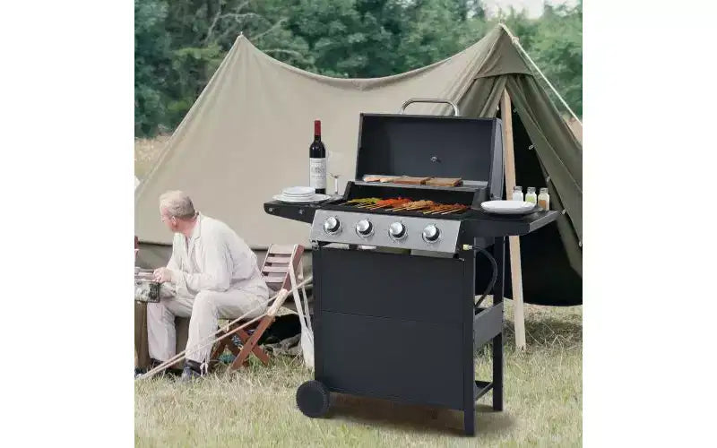 Barbecue à gaz MASTGOAL 4 brûleurs, barbecue de jardin en acier inoxydable 34 000 BTU avec deux tablettes pliables