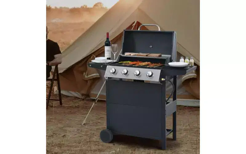 Barbecue à gaz MASTGOAL 4 brûleurs, barbecue de jardin en acier inoxydable 34 000 BTU avec deux tablettes pliables