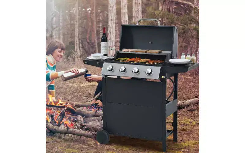 Barbecue à gaz MASTGOAL 4 brûleurs, barbecue de jardin en acier inoxydable 34 000 BTU avec deux tablettes pliables