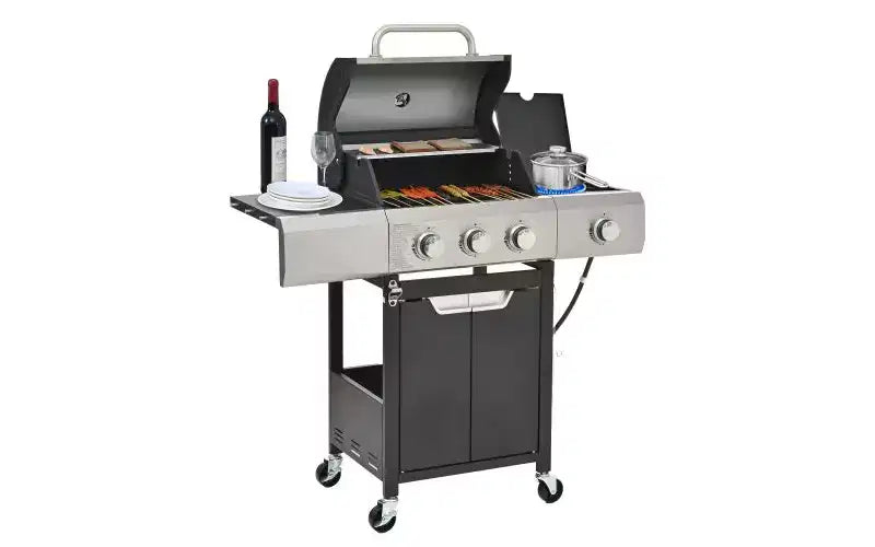 MASTGOAL 31,500 BTU Stainless Steel Propane Gas Grill with Side Burner, Thermometer, Cast Iron Grates, Outdoor BBQ Grill for Patio Camping