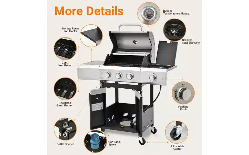 MASTGOAL Barbecue à gaz propane en acier inoxydable 31 500 BTU avec brûleur latéral, thermomètre, grilles en fonte, grill extérieur pour camping sur terrasse