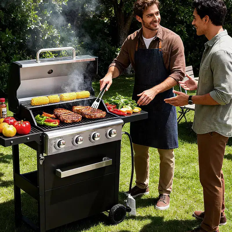 Barbecue au gaz propane MASTGOAL à 4 brûleurs, 36 000 BTU, grande surface de cuisson, étagères latérales et armoire de rangement, barbecue extérieur portable pour patio