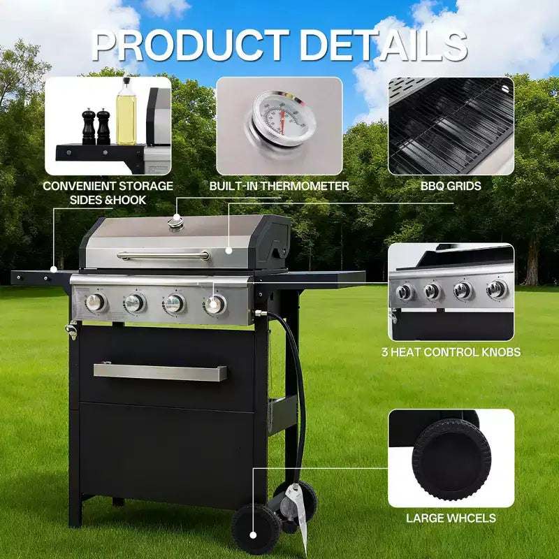 Barbecue au gaz propane MASTGOAL à 4 brûleurs, 36 000 BTU, grande surface de cuisson, étagères latérales et armoire de rangement, barbecue extérieur portable pour patio