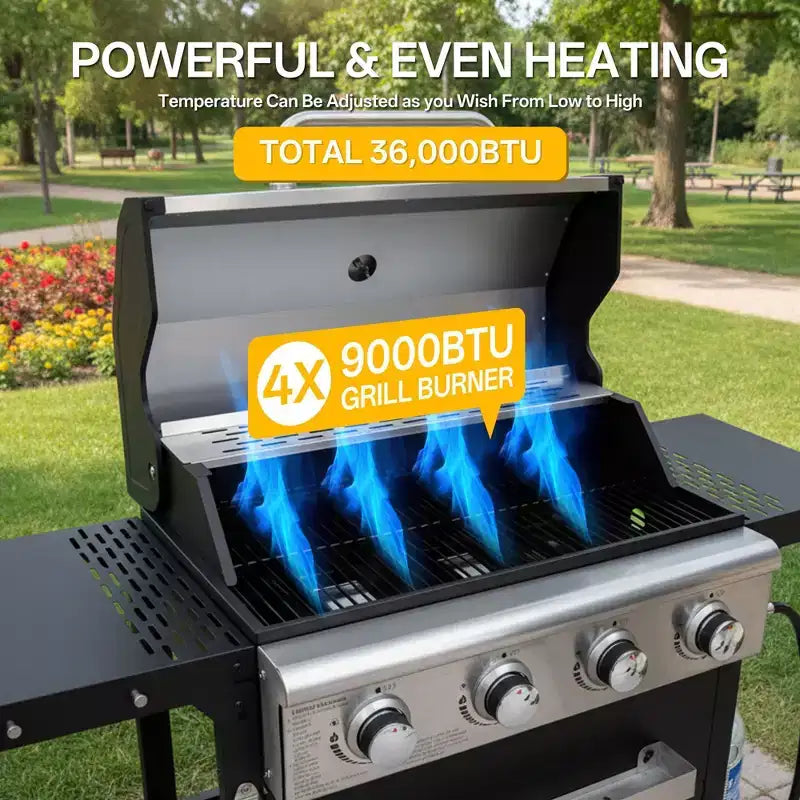Barbecue au gaz propane MASTGOAL à 4 brûleurs, 36 000 BTU, grande surface de cuisson, étagères latérales et armoire de rangement, barbecue extérieur portable pour patio