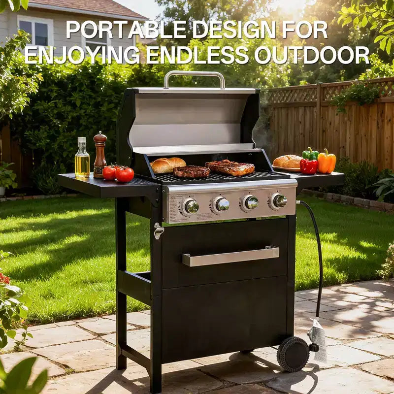 Barbecue au gaz propane MASTGOAL à 4 brûleurs, 36 000 BTU, grande surface de cuisson, étagères latérales et armoire de rangement, barbecue extérieur portable pour patio