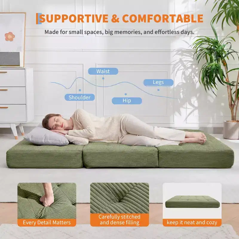 Tri-Fold Corduroy Sofa Bed 6 Inch Tufted Folding Mattress Full Size Convertible Sleeper Couch Supportive Guest Bed for Bedroom RV Camping