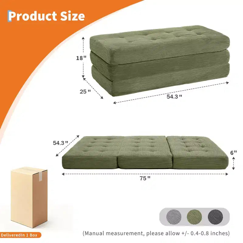 Tri-Fold Corduroy Sofa Bed 6 Inch Tufted Folding Mattress Full Size Convertible Sleeper Couch Supportive Guest Bed for Bedroom RV Camping