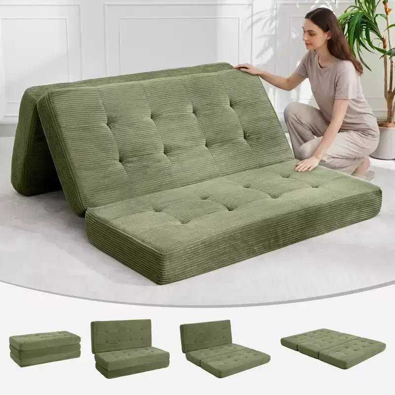 Tri-Fold Corduroy Sofa Bed 6 Inch Tufted Folding Mattress Full Size Convertible Sleeper Couch Supportive Guest Bed for Bedroom RV Camping