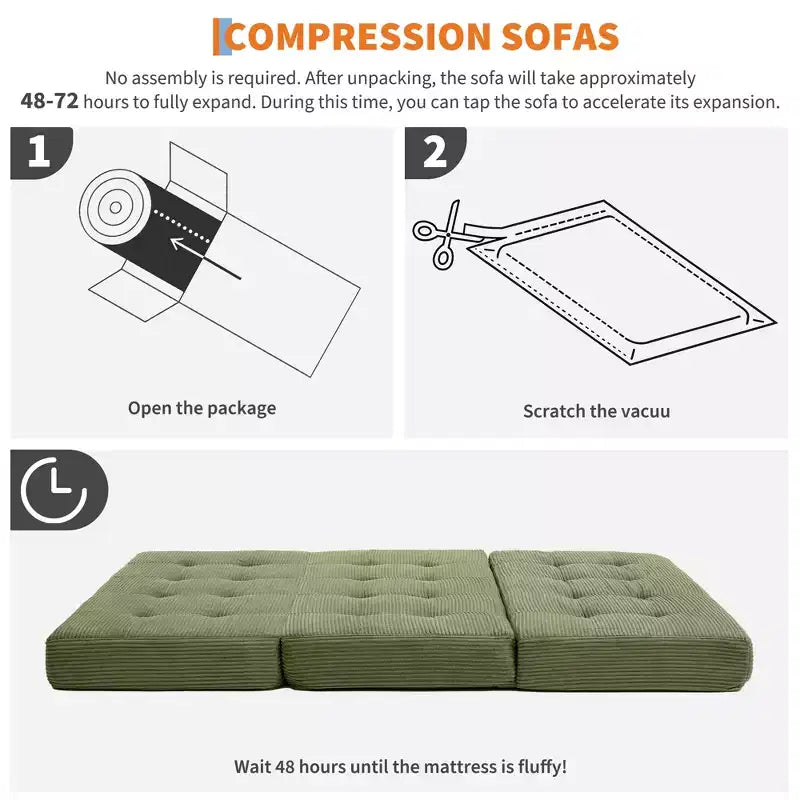 Tri-Fold Corduroy Sofa Bed 6 Inch Tufted Folding Mattress Full Size Convertible Sleeper Couch Supportive Guest Bed for Bedroom RV Camping