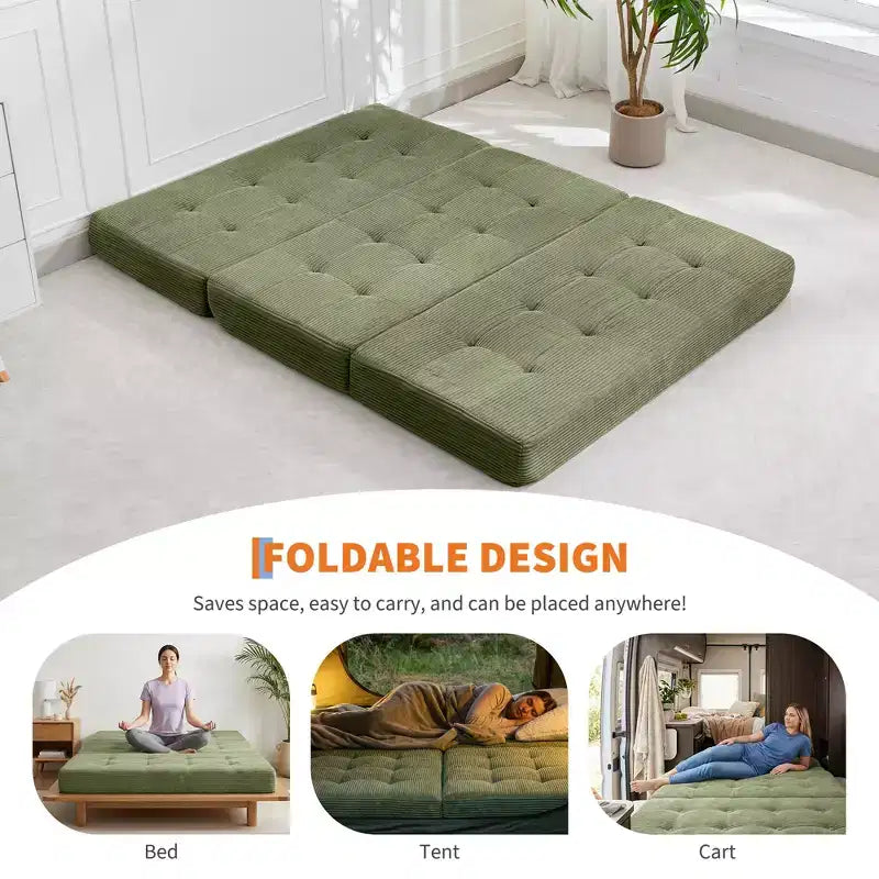 Tri-Fold Corduroy Sofa Bed 6 Inch Tufted Folding Mattress Full Size Convertible Sleeper Couch Supportive Guest Bed for Bedroom RV Camping