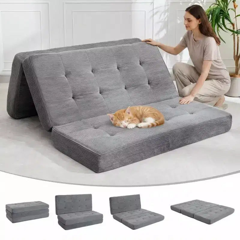 Tri-Fold Corduroy Sofa Bed 6 Inch Tufted Folding Mattress Full Size Convertible Sleeper Couch Supportive Guest Bed for Bedroom RV Camping