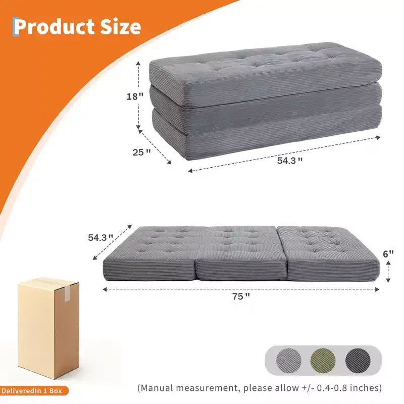 Tri-Fold Corduroy Sofa Bed 6 Inch Tufted Folding Mattress Full Size Convertible Sleeper Couch Supportive Guest Bed for Bedroom RV Camping