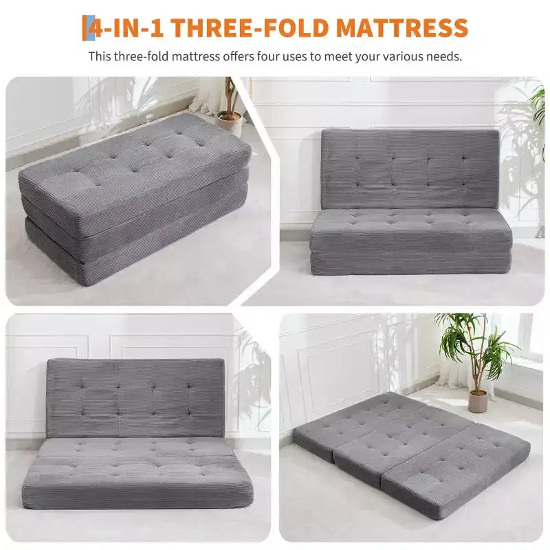 Tri-Fold Corduroy Sofa Bed 6 Inch Tufted Folding Mattress Full Size Convertible Sleeper Couch Supportive Guest Bed for Bedroom RV Camping