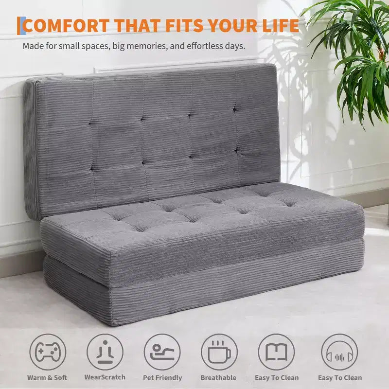 Tri-Fold Corduroy Sofa Bed 6 Inch Tufted Folding Mattress Full Size Convertible Sleeper Couch Supportive Guest Bed for Bedroom RV Camping