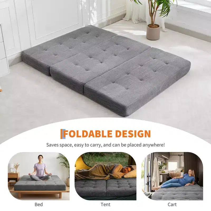 Tri-Fold Corduroy Sofa Bed 6 Inch Tufted Folding Mattress Full Size Convertible Sleeper Couch Supportive Guest Bed for Bedroom RV Camping