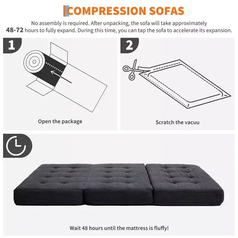 Tri-Fold Corduroy Sofa Bed 6 Inch Tufted Folding Mattress Full Size Convertible Sleeper Couch Supportive Guest Bed for Bedroom RV Camping
