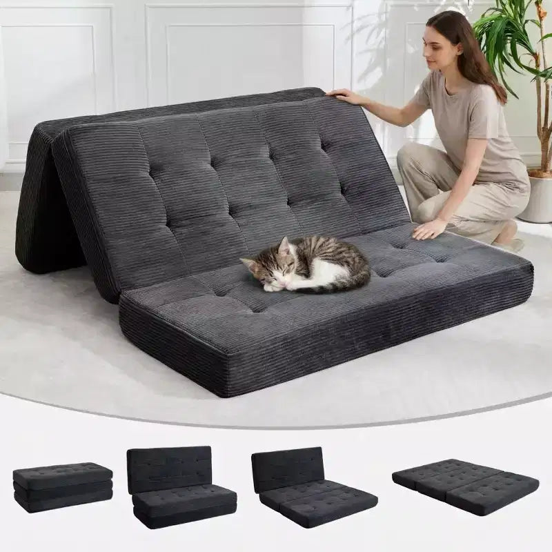 Tri-Fold Corduroy Sofa Bed 6 Inch Tufted Folding Mattress Full Size Convertible Sleeper Couch Supportive Guest Bed for Bedroom RV Camping