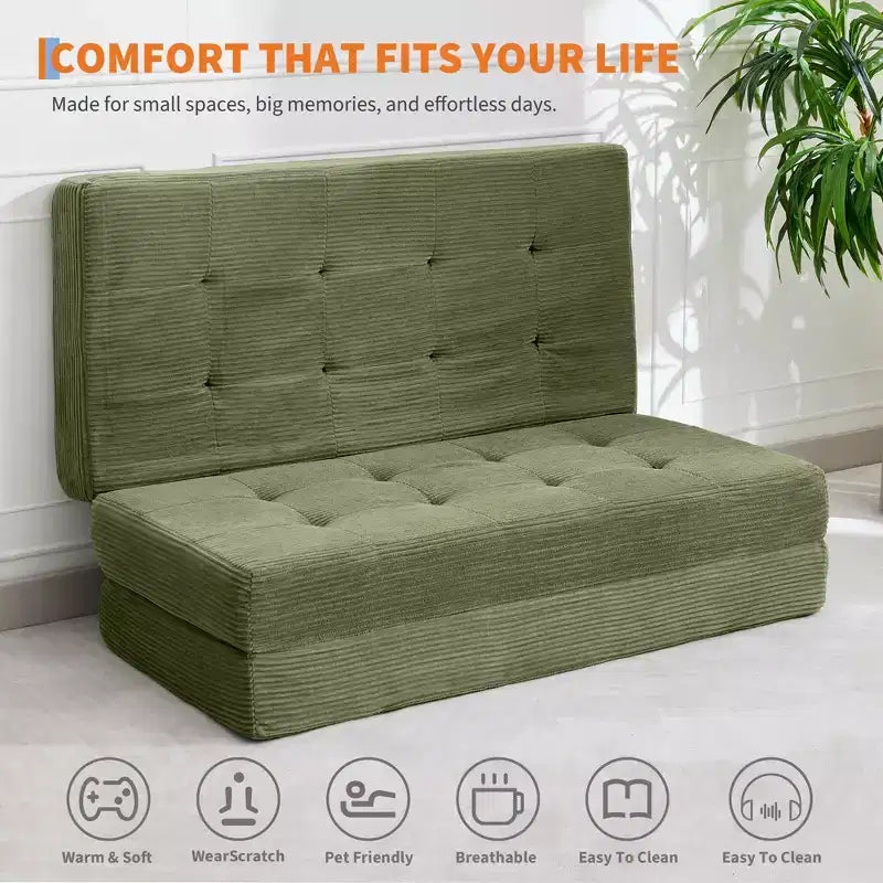 Tri-Fold Corduroy Sofa Bed 6 Inch Tufted Folding Mattress Full Size Convertible Sleeper Couch Supportive Guest Bed for Bedroom RV Camping