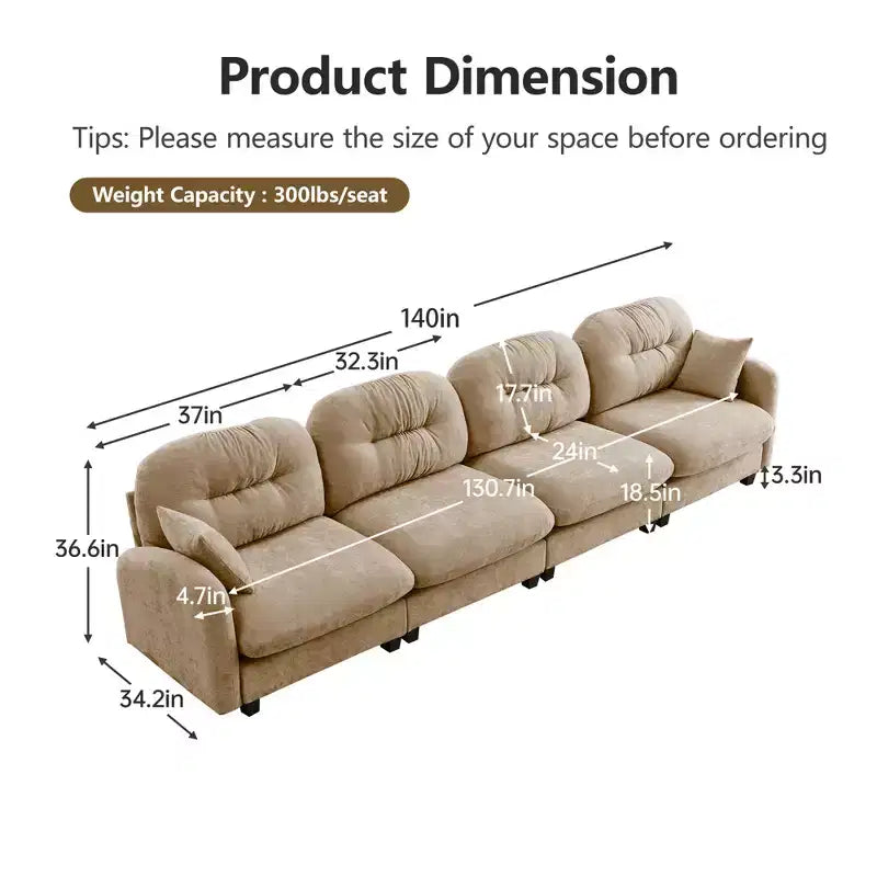 GDFStudio Freddy 140 Modern 4-Seater Modular Chenille Upholstered Sofa with 2 Throw Pillows